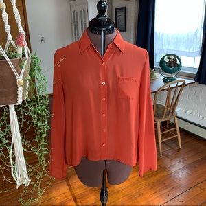 Rust Chiffon Buttoned Sheer Blouse
